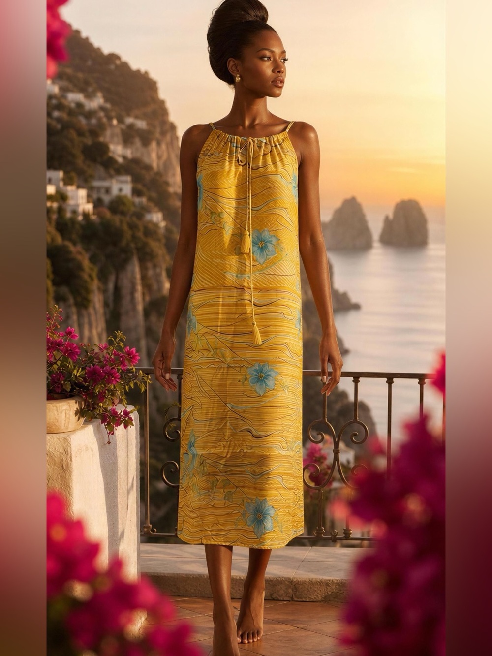 Sunlit Yellow Maxi Dress with Turquoise Floral Print